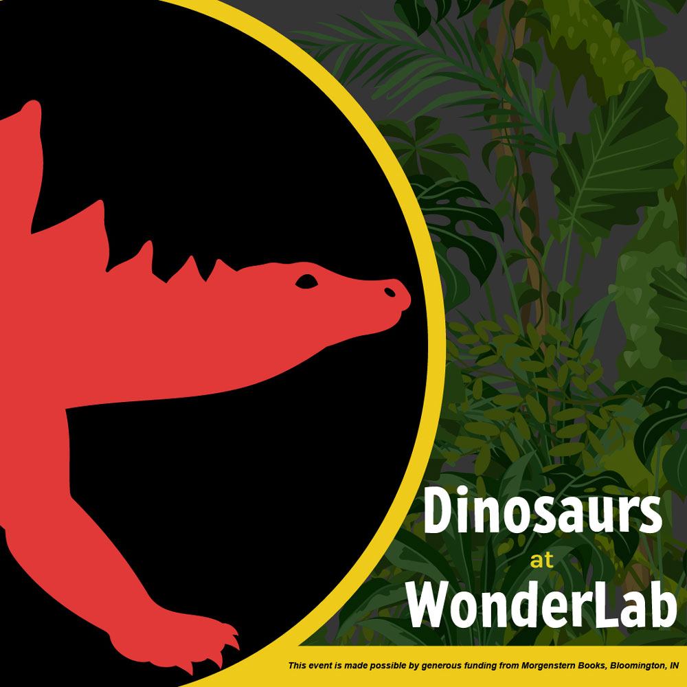 Dinosaurs at WonderLab logo with a red Stegosaurus.